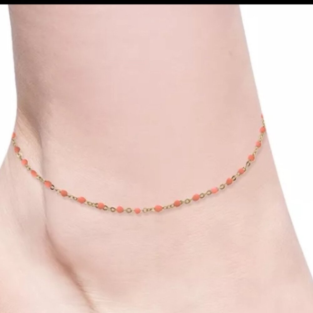 18K GOLD PLATED STERLING SILVER 925 ORANGE ENAMEL BEAD ANKLET